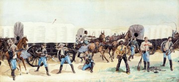 Frederic Remington Painting - Ataque al tren de suministros Viejo oeste americano Frederic Remington